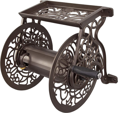 Decorative Cast Aluminum Wall-Mounted Garden Hose Reel - Bronze Finish, Accommodates 125 Feet of 5/8-Inch Hose