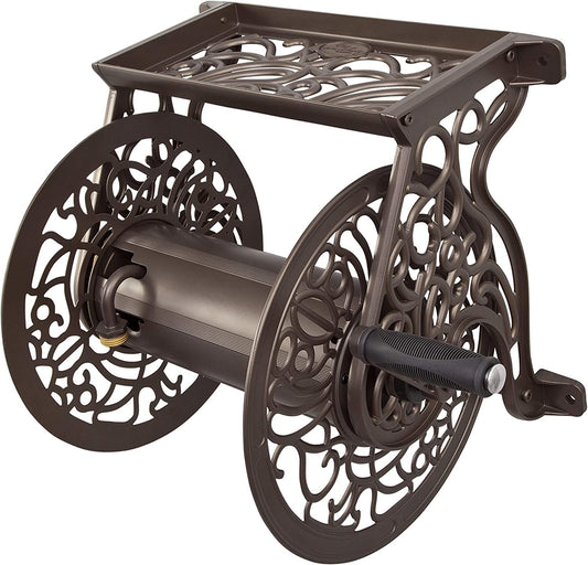 Decorative Cast Aluminum Wall-Mounted Garden Hose Reel - Bronze Finish, Accommodates 125 Feet of 5/8-Inch Hose