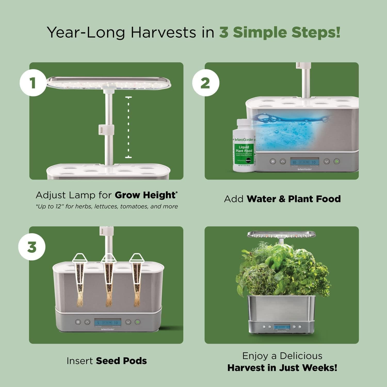 Harvest Elite Hydroponic Indoor Garden System with LED Grow Light and Seed Kit, Accommodates Up to 6 Pods, Stainless Steel Construction