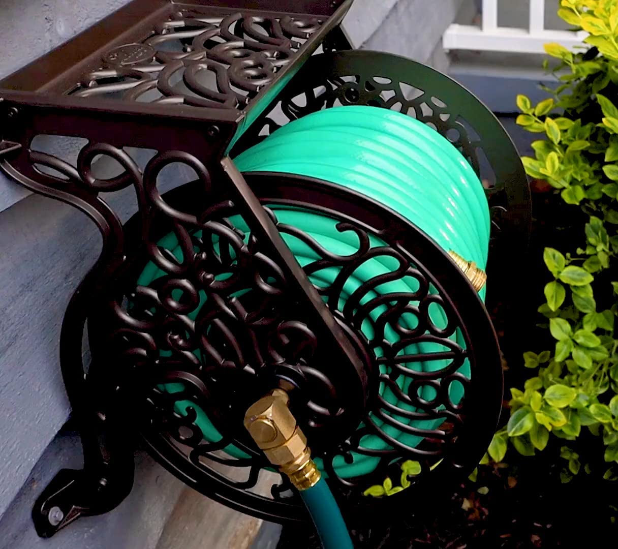 Decorative Cast Aluminum Wall-Mounted Garden Hose Reel - Bronze Finish, Accommodates 125 Feet of 5/8-Inch Hose