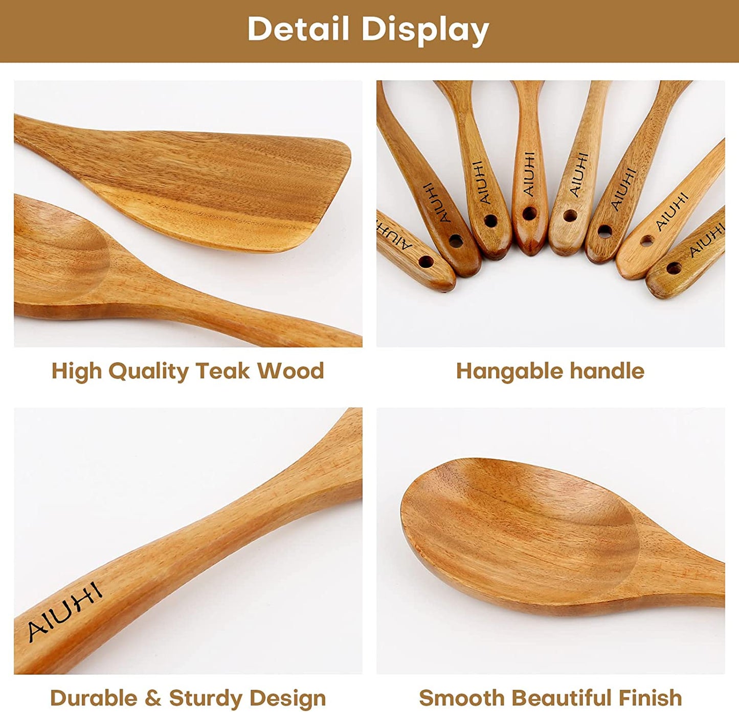 Teak Wooden Cooking Utensil Set - 8-Piece Nonstick and Scratch-Resistant Kitchen Spoons