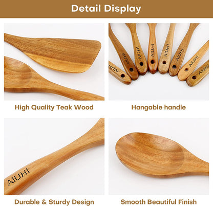 Teak Wooden Cooking Utensil Set - 8-Piece Nonstick and Scratch-Resistant Kitchen Spoons