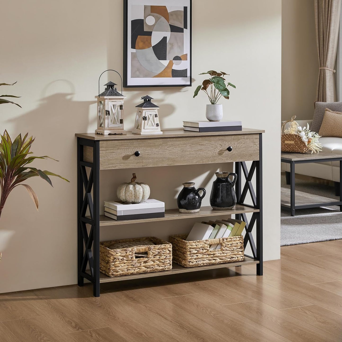 Console Table with Drawer and 3-Tier Storage Shelves, Narrow Sofa Table for Entryway, Living Room, Hallway, and Kitchen, Metal Frame, Gray