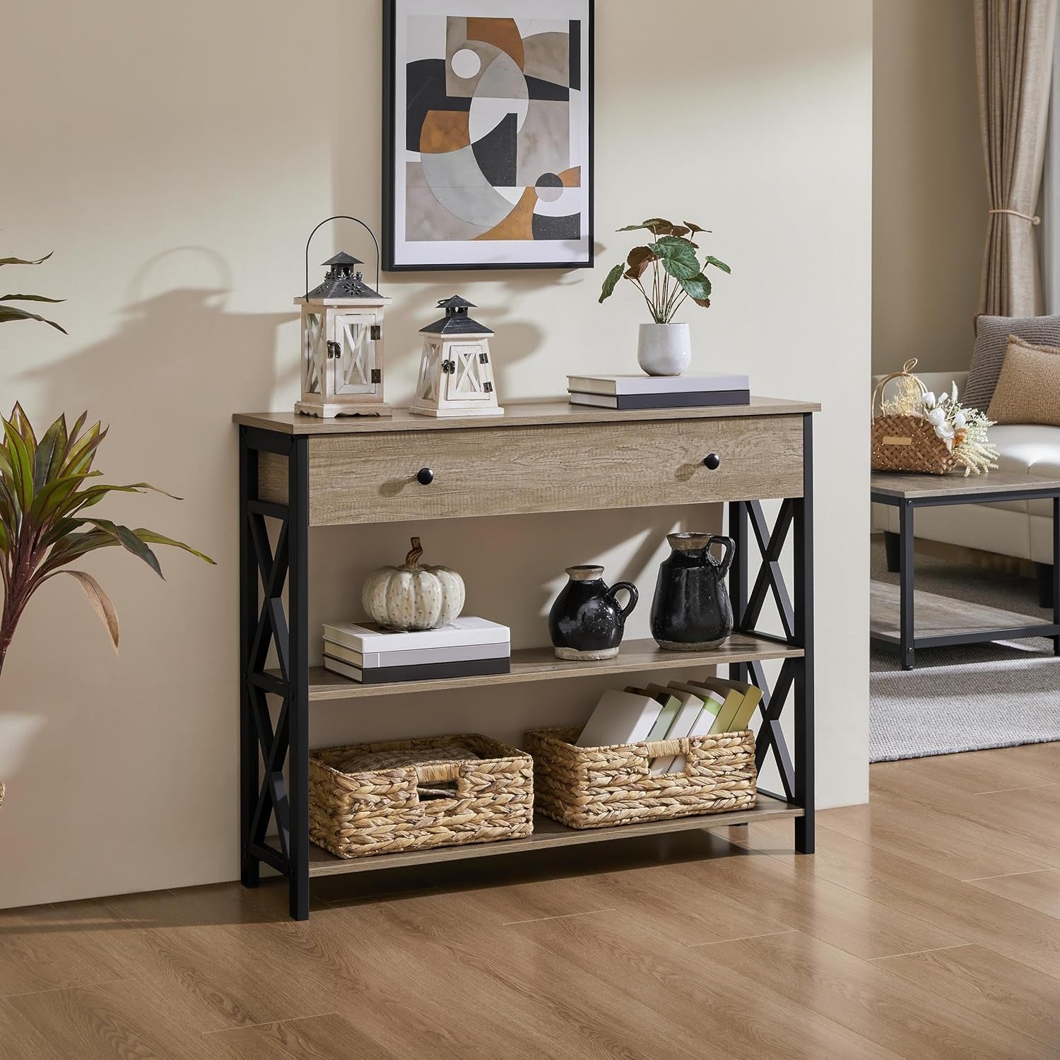 Console Table with Drawer and 3-Tier Storage Shelves, Narrow Sofa Table for Entryway, Living Room, Hallway, and Kitchen, Metal Frame, Gray