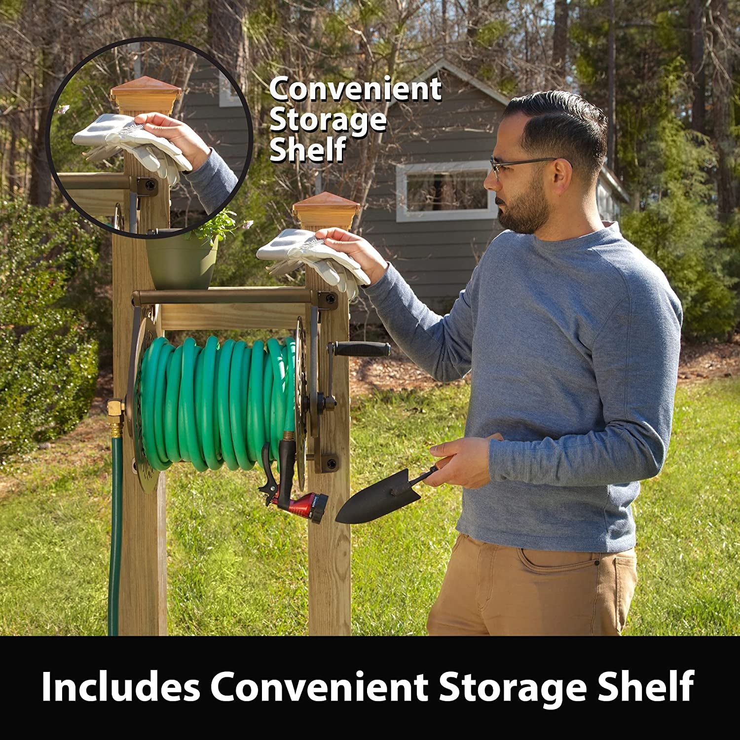Decorative Cast Aluminum Wall-Mounted Garden Hose Reel - Bronze Finish, Accommodates 125 Feet of 5/8-Inch Hose