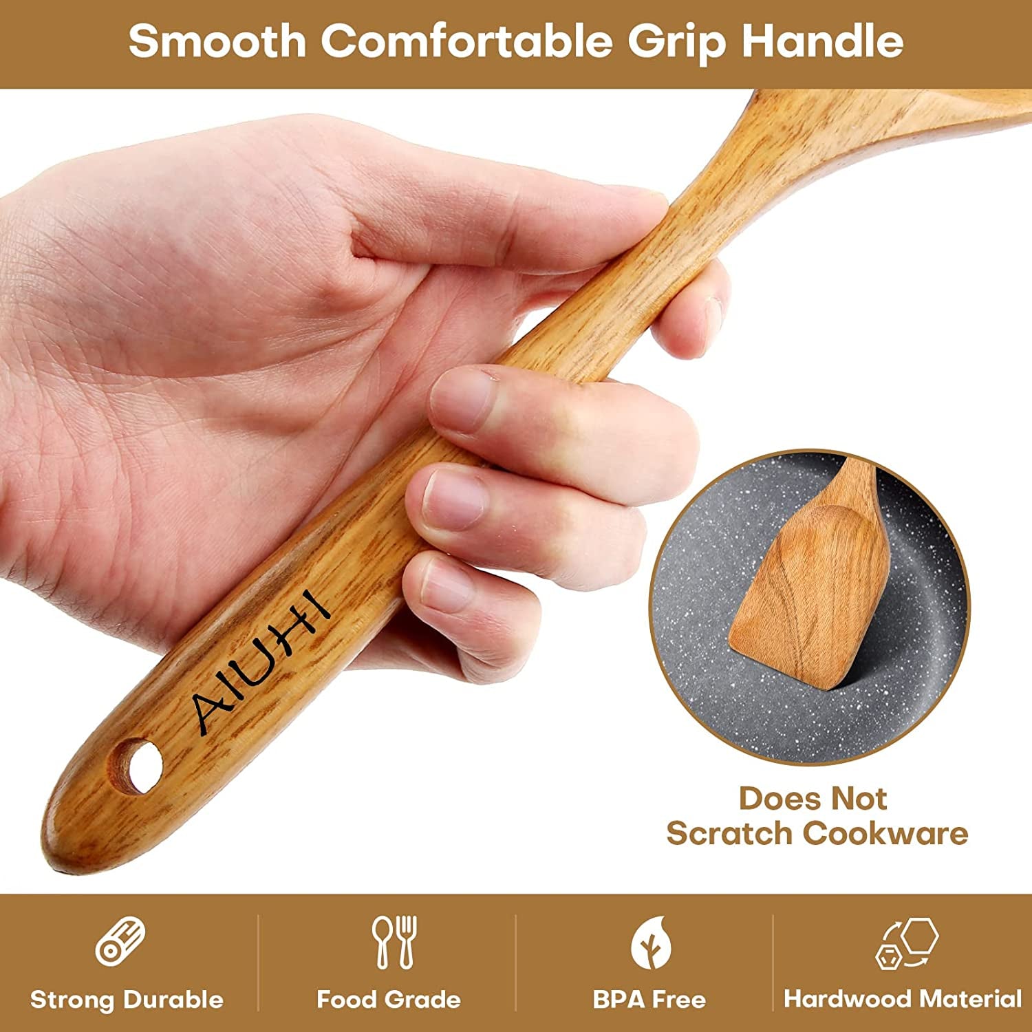 Teak Wooden Cooking Utensil Set - 8-Piece Nonstick and Scratch-Resistant Kitchen Spoons