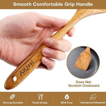 Teak Wooden Cooking Utensil Set - 8-Piece Nonstick and Scratch-Resistant Kitchen Spoons