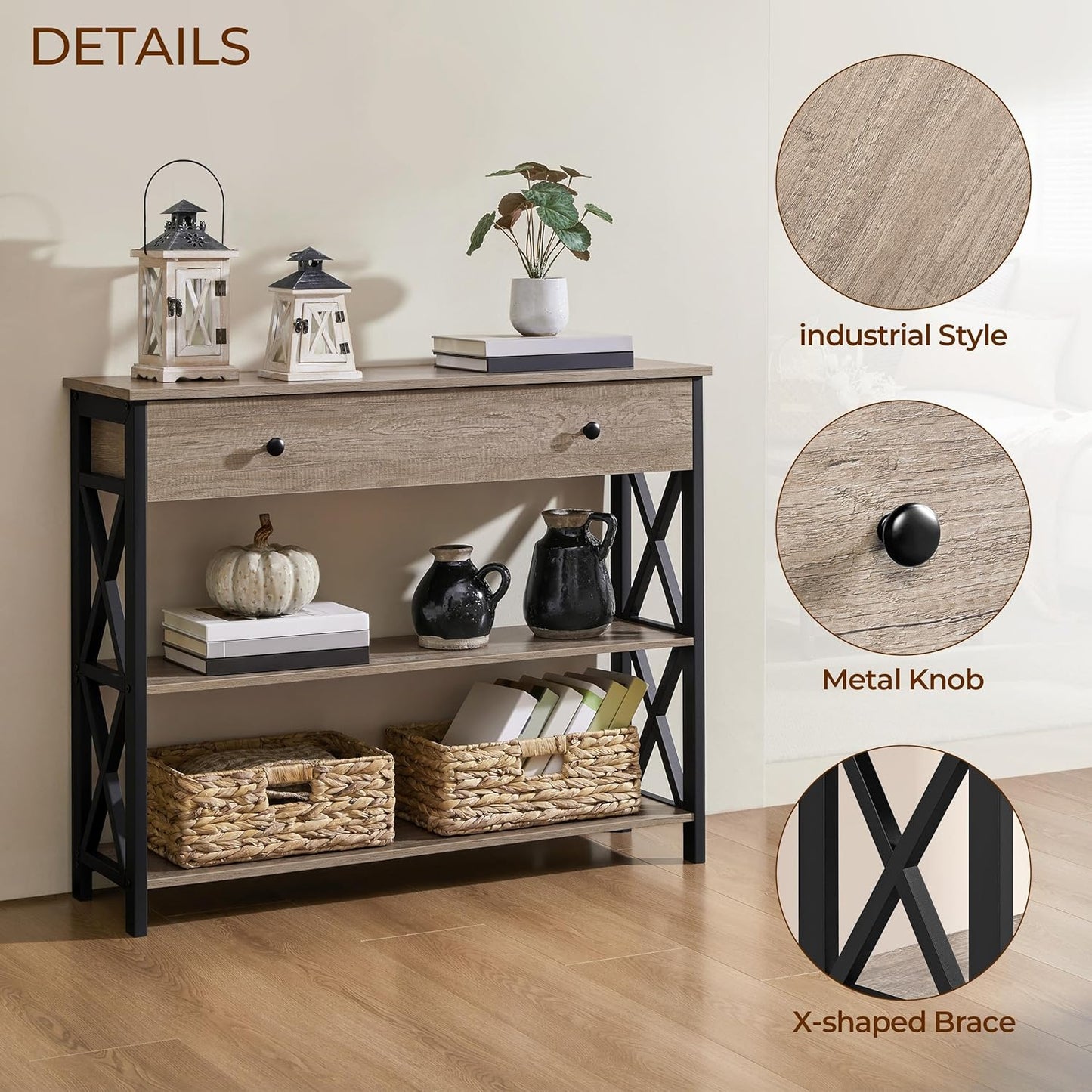 Console Table with Drawer and 3-Tier Storage Shelves, Narrow Sofa Table for Entryway, Living Room, Hallway, and Kitchen, Metal Frame, Gray