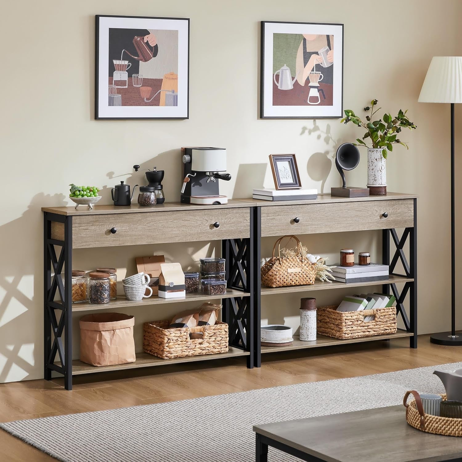 Console Table with Drawer and 3-Tier Storage Shelves, Narrow Sofa Table for Entryway, Living Room, Hallway, and Kitchen, Metal Frame, Gray