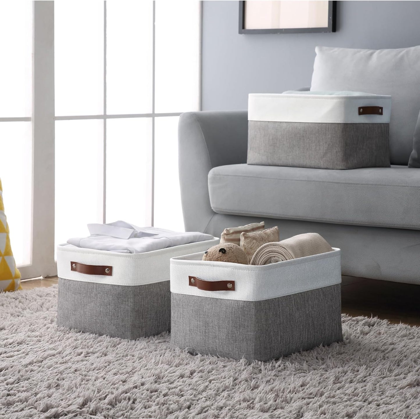 Large Fabric Storage Bins - Decorative Linen Closet Organizers for Shelves, 15 x 11 x 9.5 Inches (Grey & White, Set of 4)