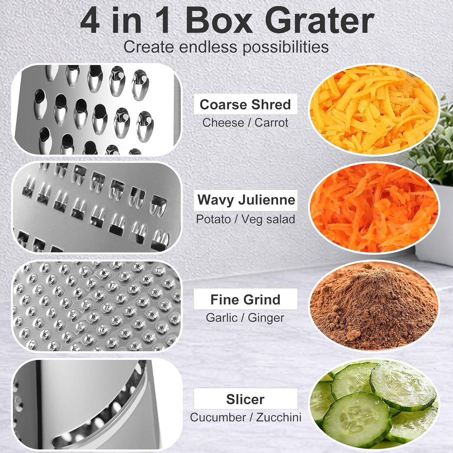 Handheld Box Grater with Container and Lid, 4-Sided Stainless Steel, Includes Wavy Julienne, Slicer, Coarse Shred, and Fine Zester, Non-Slip Base, Dishwasher Safe, 8 Inches