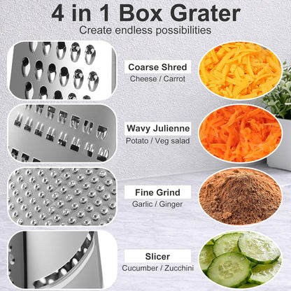 Handheld Box Grater with Container and Lid, 4-Sided Stainless Steel, Includes Wavy Julienne, Slicer, Coarse Shred, and Fine Zester, Non-Slip Base, Dishwasher Safe, 8 Inches
