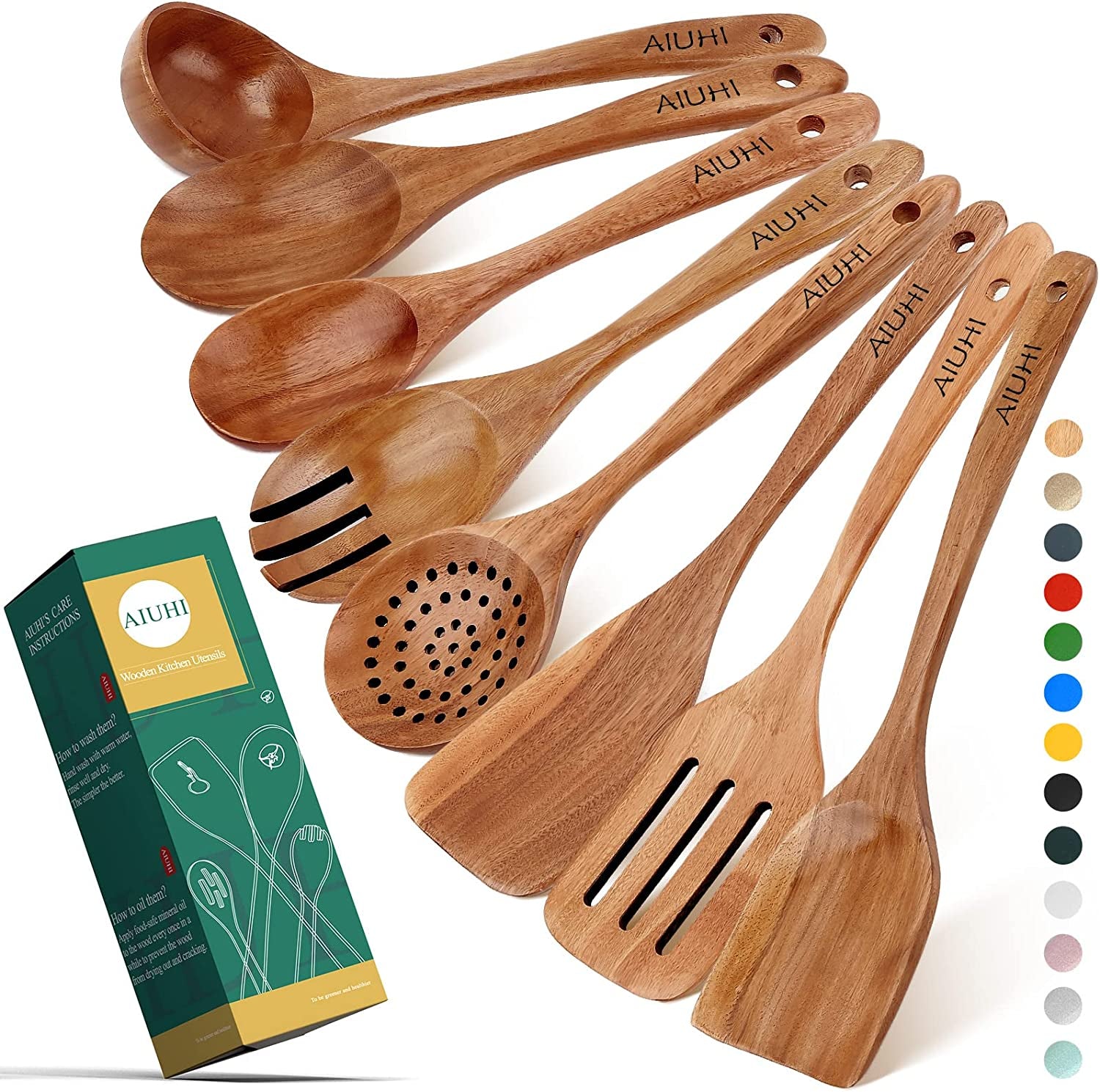 Teak Wooden Cooking Utensil Set - 8-Piece Nonstick and Scratch-Resistant Kitchen Spoons