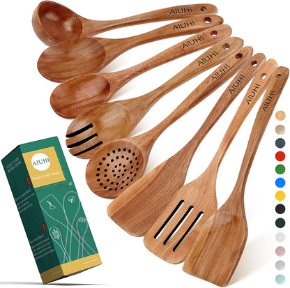 Teak Wooden Cooking Utensil Set - 8-Piece Nonstick and Scratch-Resistant Kitchen Spoons