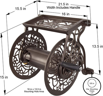 Decorative Cast Aluminum Wall-Mounted Garden Hose Reel - Bronze Finish, Accommodates 125 Feet of 5/8-Inch Hose
